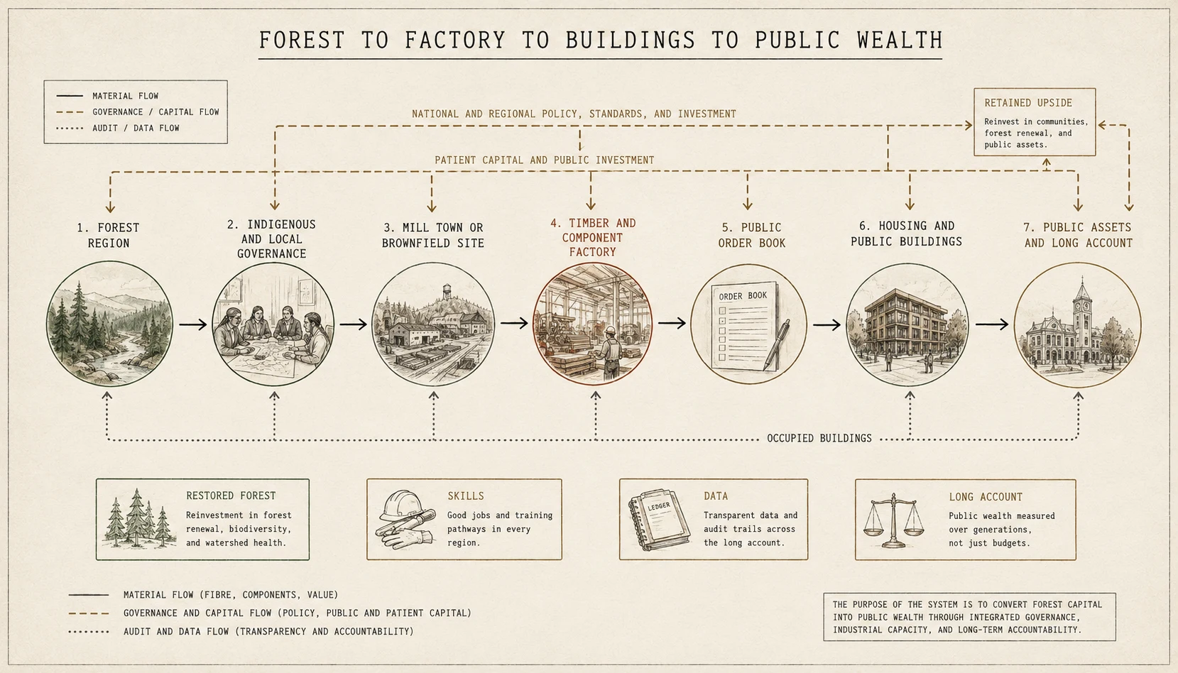 A left-to-right value chain diagram from forest region to governance, mill town, factory, order book, buildings, and public wealth.