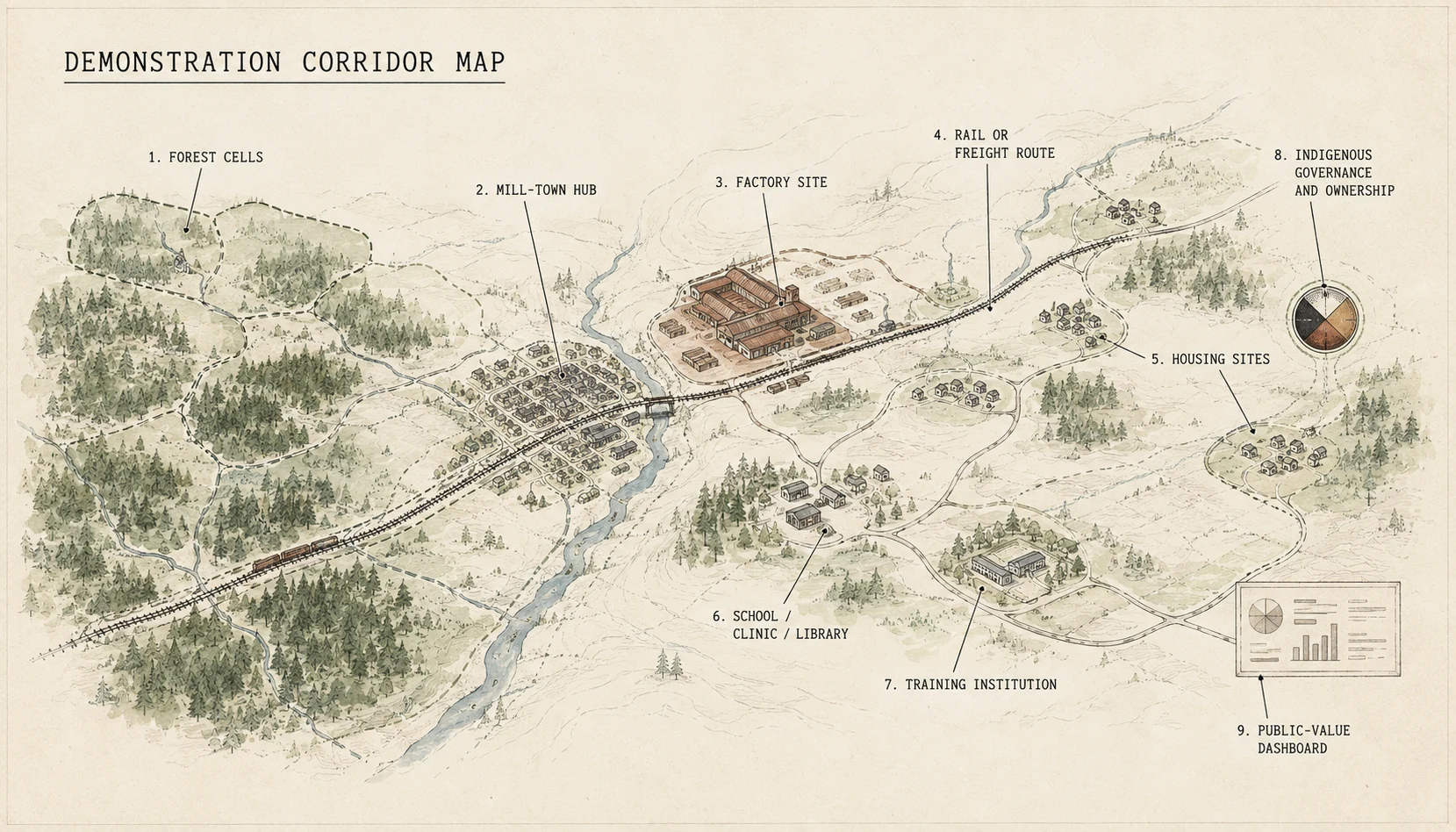 A hand-rendered civic atlas map of a demonstration corridor with forest cells, a mill-town hub, factory, routes, housing, public buildings, training, and governance markers.