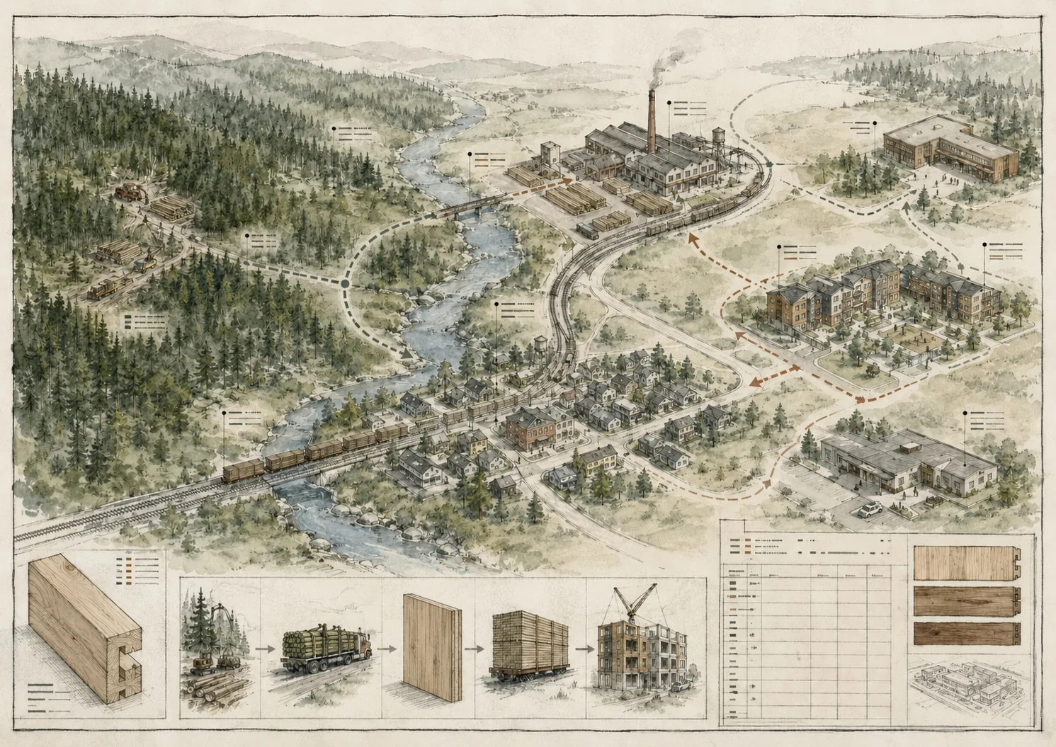 An illustrated civic atlas map showing forests, rail, a mill town, a factory, public buildings, housing, and timber components as one Canadian renewal system.