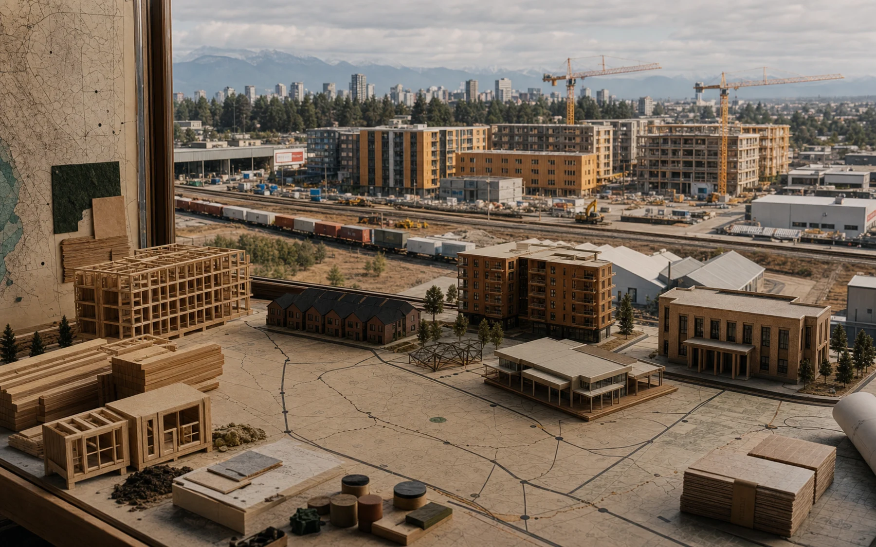 A civic planning surface with building models, timber components, land parcels, routes, and orderly housing delivery sites.