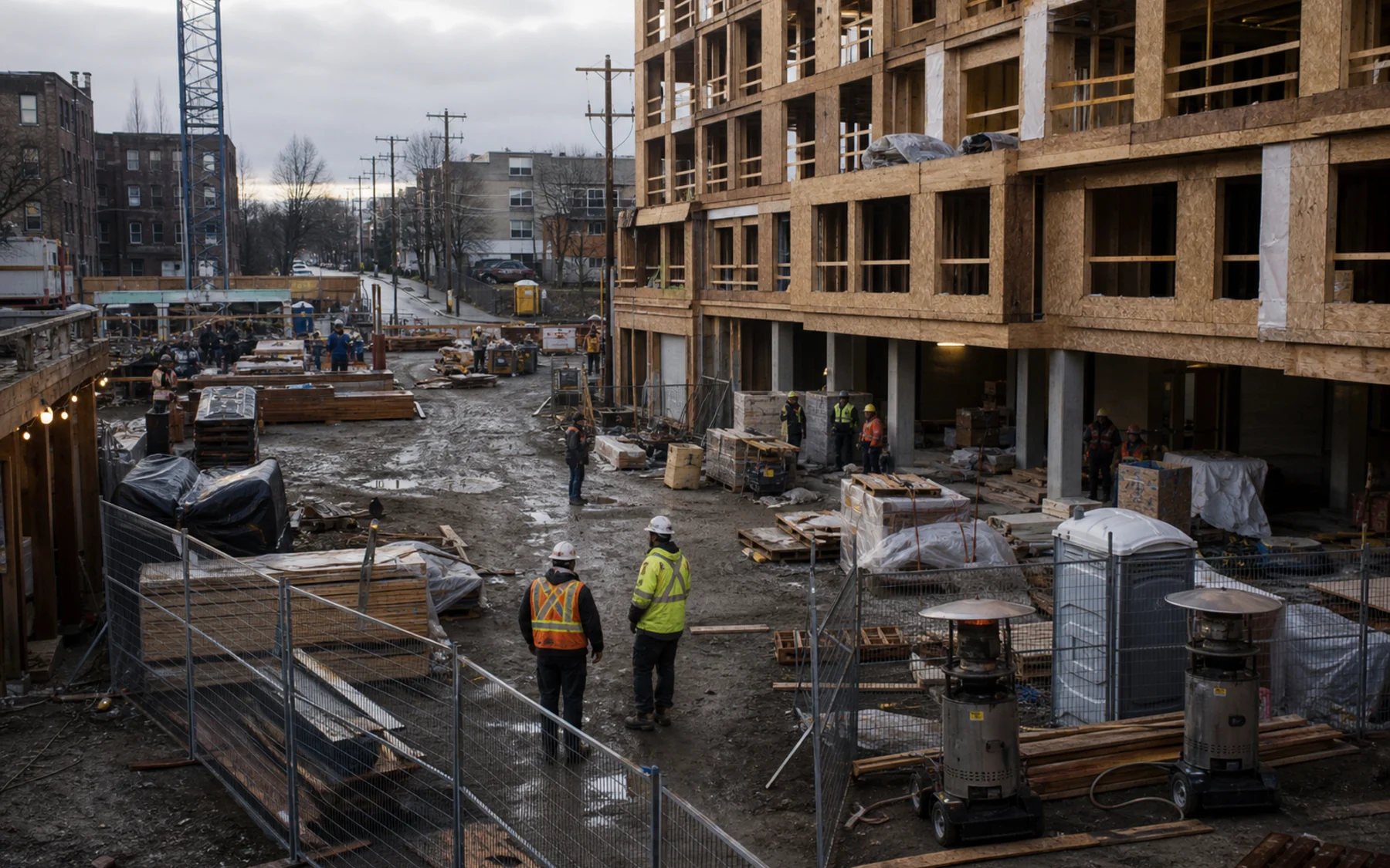 A constrained urban construction site with exposed framing, mud, temporary fencing, scattered materials, and workers in wet weather.