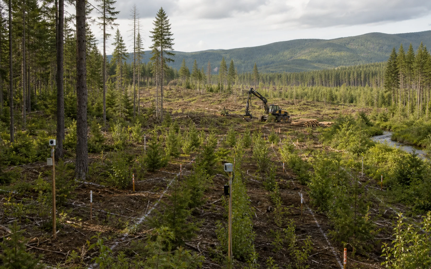 A regenerative forestry site with young trees, survey markers, retained habitat, a controlled machine route, and monitoring posts.