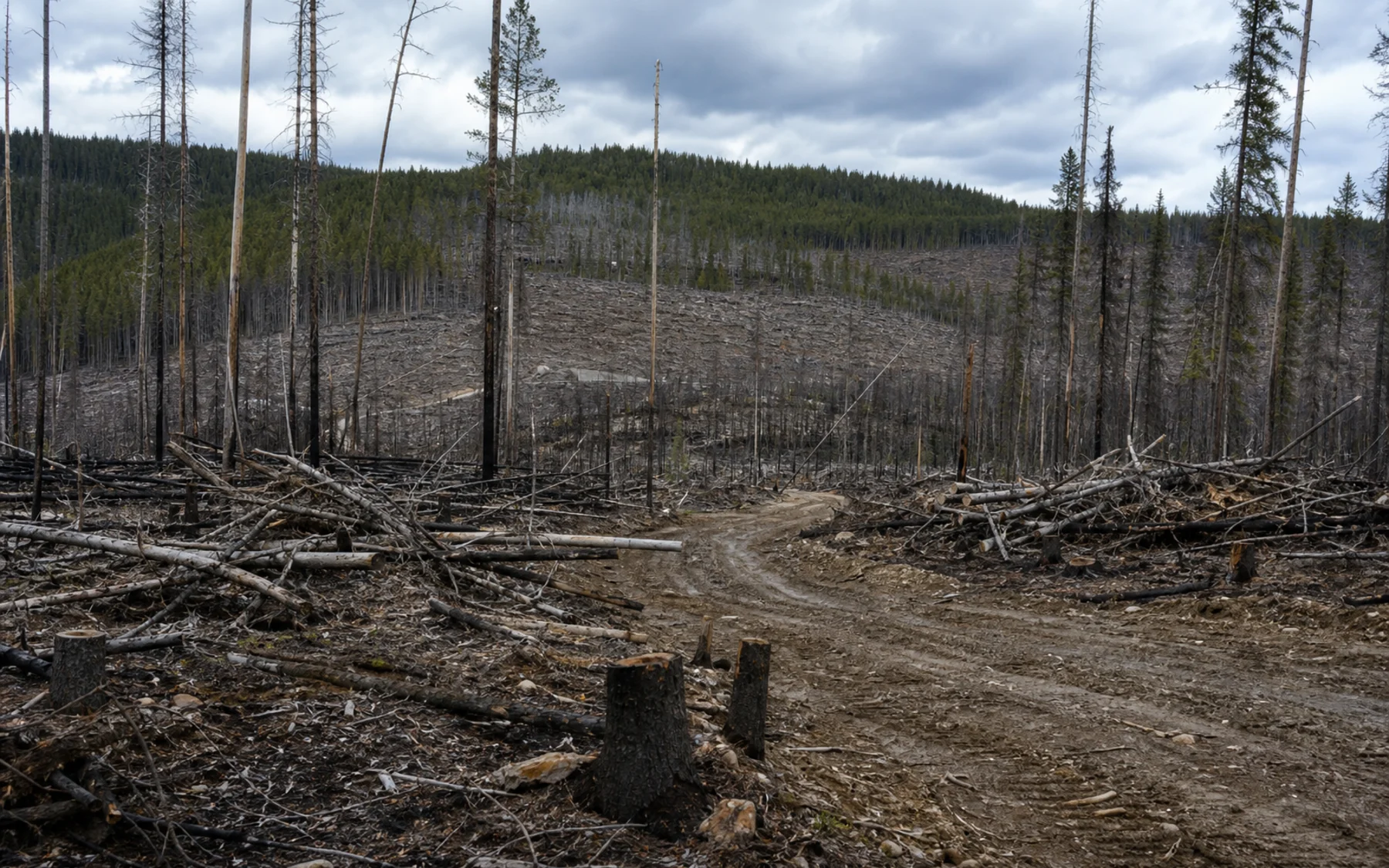 A degraded Canadian forest site with a burn scar, damaged trunks, slash piles, exposed soil, and a rough service road.