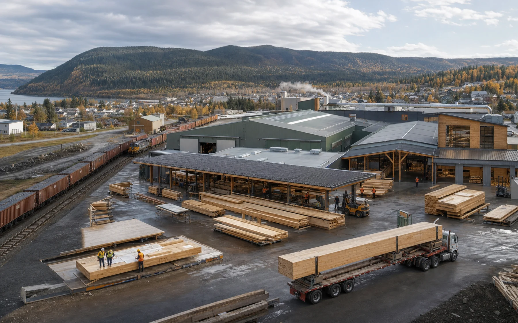 A reactivated rail-linked mass timber factory with finished components, loading bays, workers, and regional training space.