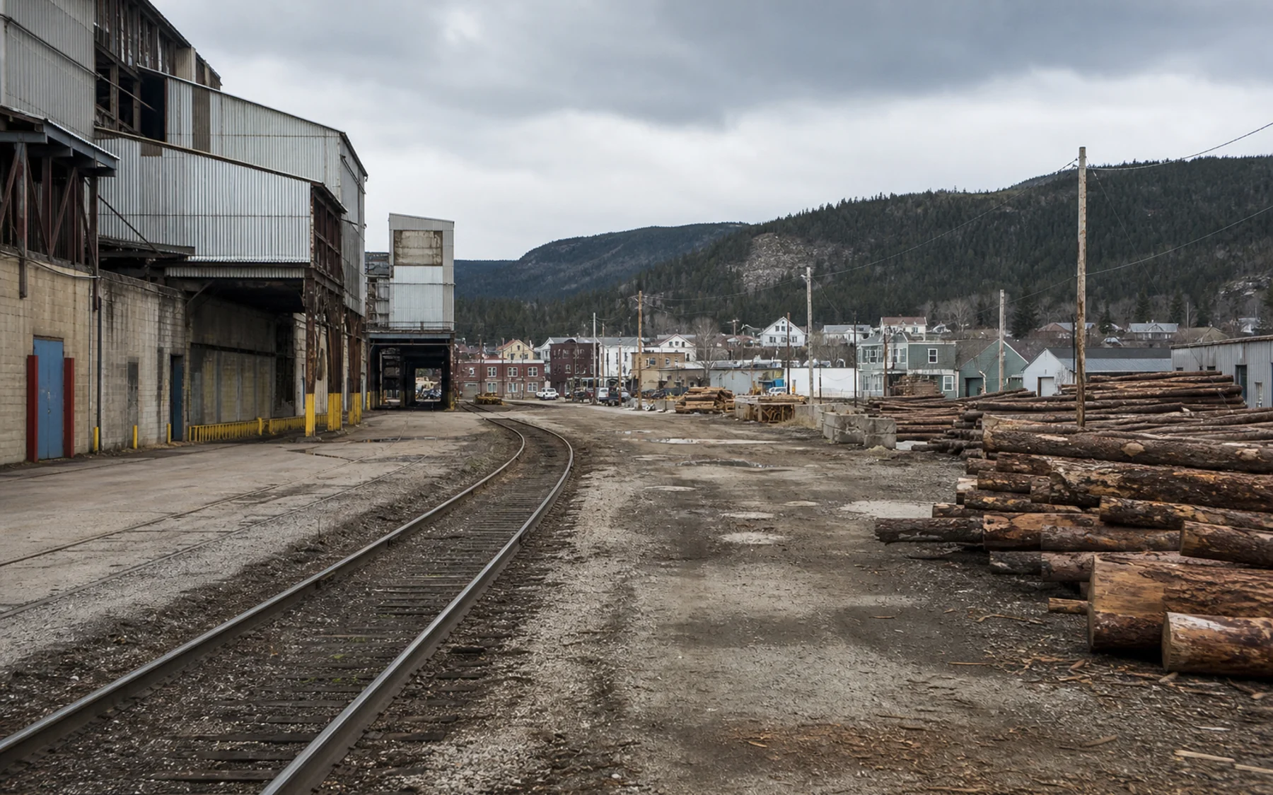 A quiet Canadian mill-town industrial yard with weathered buildings, a rail spur, raw logs, and inactive loading space.