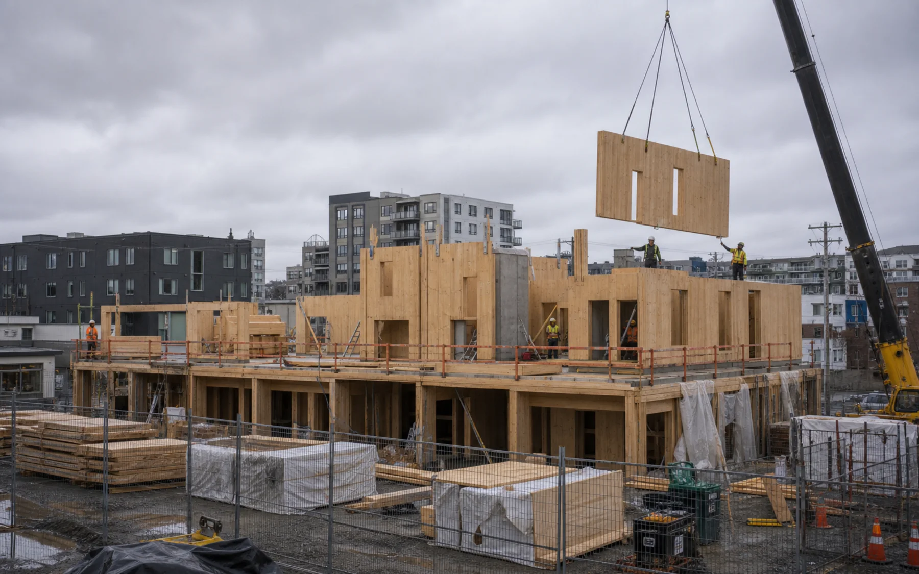 A precise mass timber assembly site where prefabricated panels and building sections are craned into place.