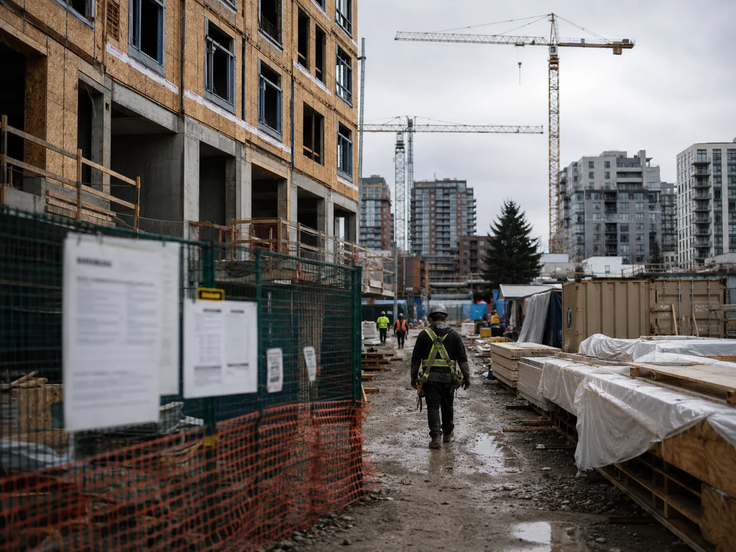 A constrained urban Canadian construction site with unfinished housing, materials, workers, mud, cranes, and nearby apartments.