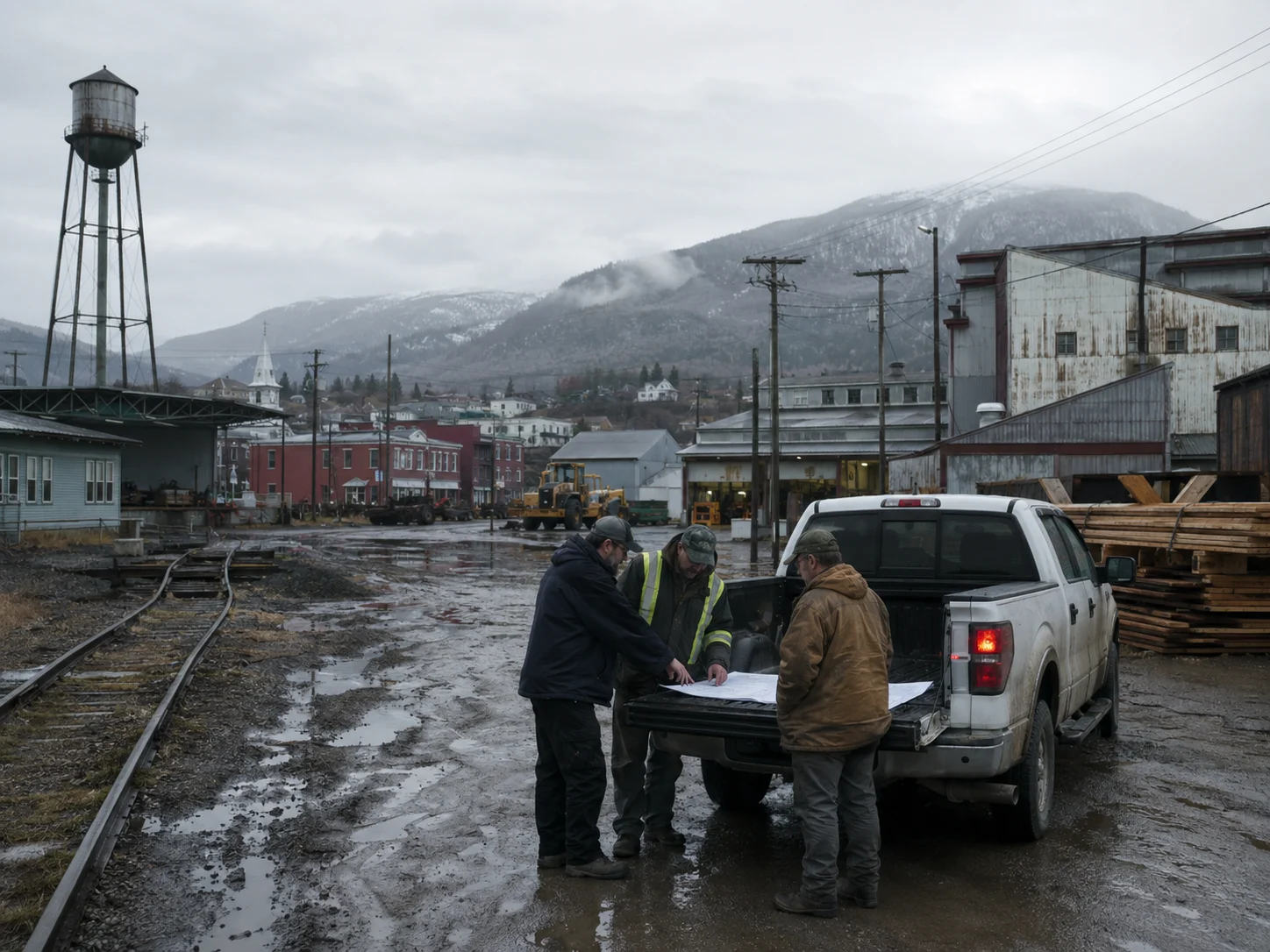 A reactivated Canadian mill town with old industrial land, rail, workshops, stacked timber, retrofit buildings, and workers reviewing drawings.