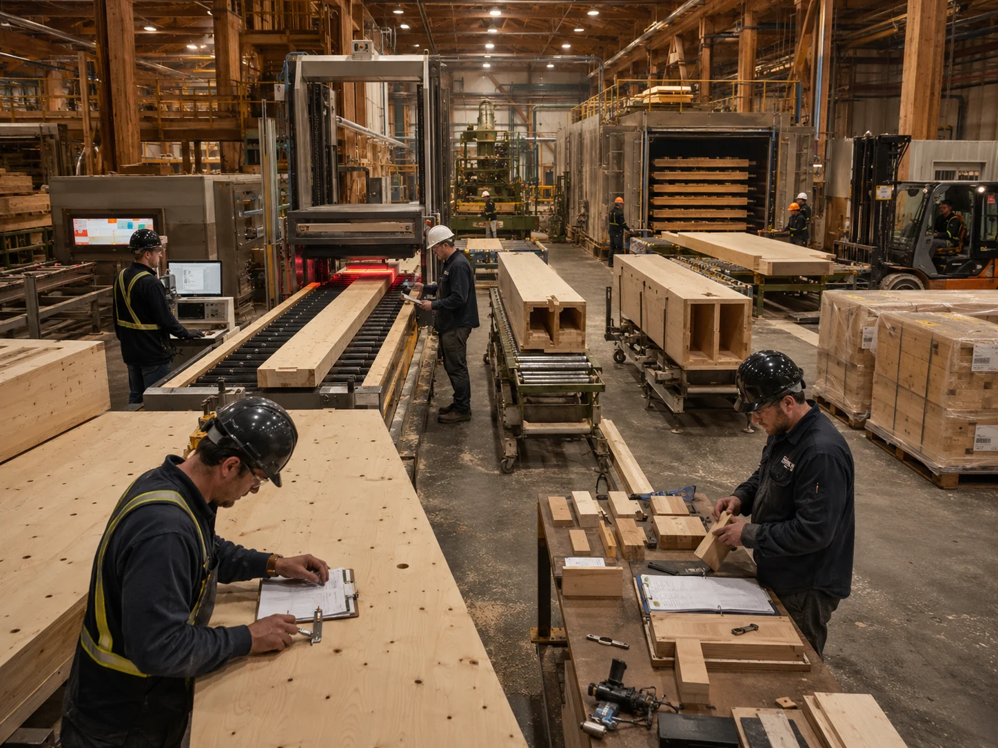 A Canadian timber manufacturing factory producing mass timber and building components with scanning, machining, quality control, and measured work.