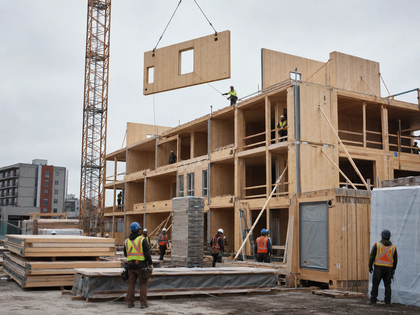 A mass timber public building being assembled from factory-made panels, cassettes, shafts, stairs, and wall systems on an orderly jobsite.