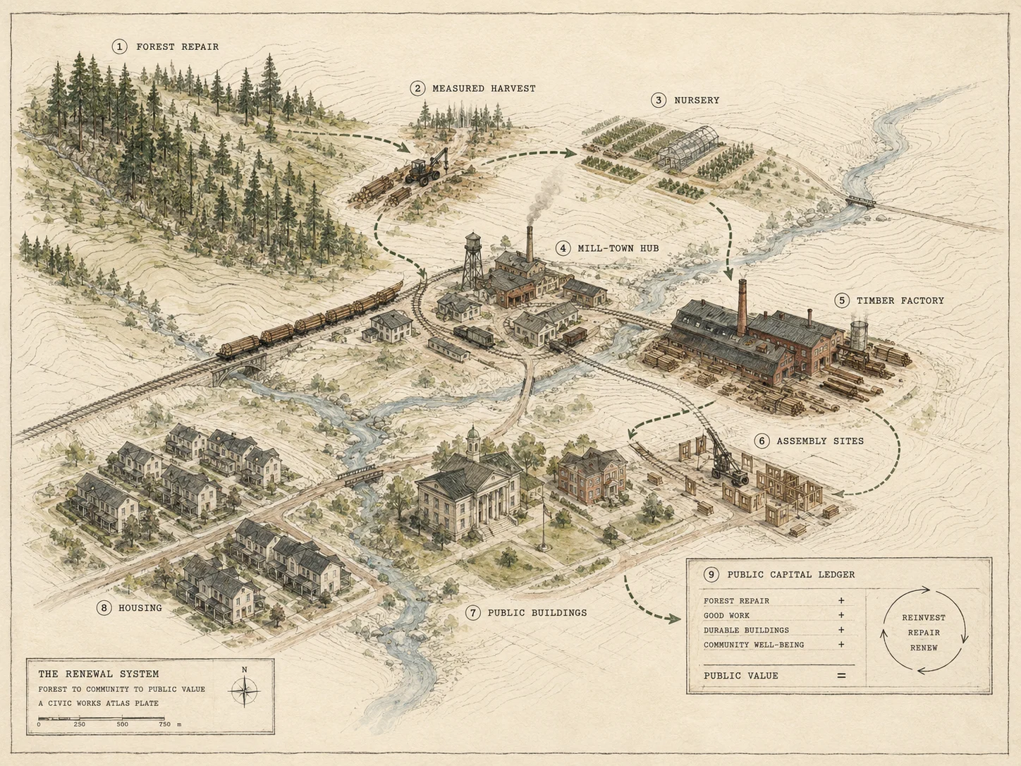 A hand-rendered civic atlas map showing renewed forest stands, harvest corridors, nurseries, mill-town hub, routes, timber factory, assembly sites, public buildings, housing blocks, and public capital ledger.