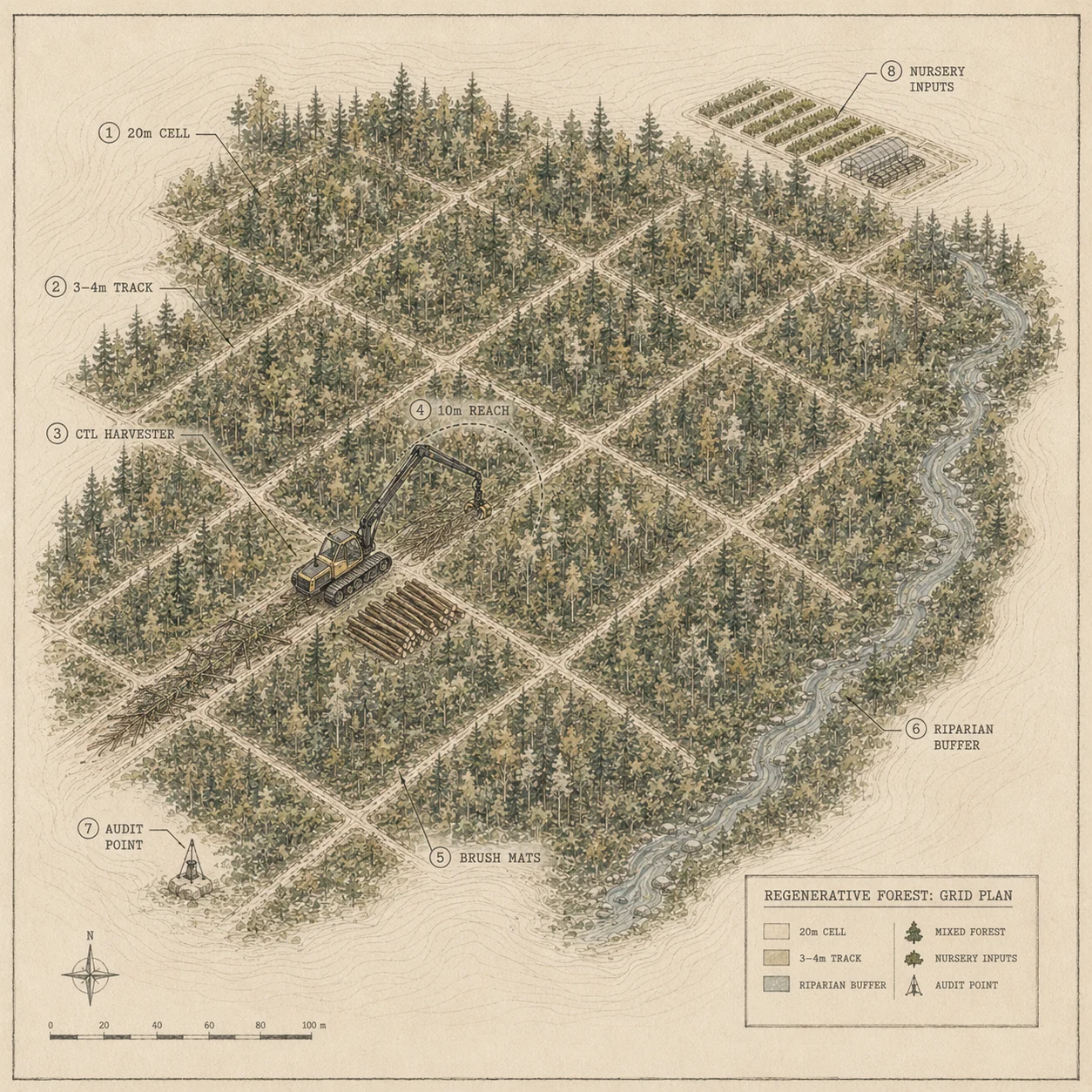A civic atlas site plan showing regenerative forest succession, buffers, retained habitat, work corridors, audit points, and selective harvest cells.