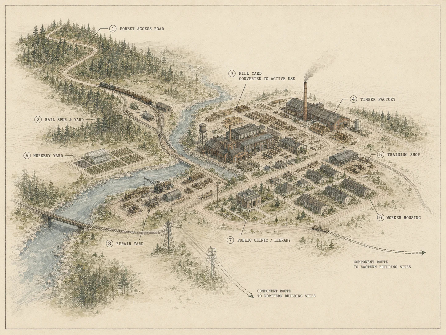 A hand-rendered civic atlas map of a mill town hub with rail, factory, training shop, housing, public buildings, nursery yard, repair yard, river, power, and forest routes.