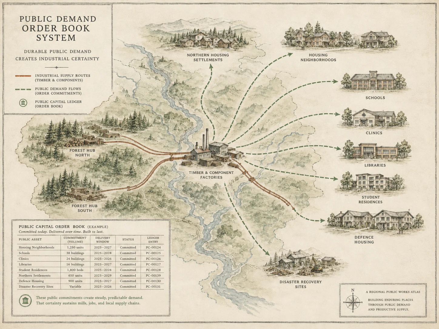 A civic atlas map showing housing, schools, clinics, libraries, student residences, northern housing, defence housing, and disaster recovery sites connected to factories and forest hubs.