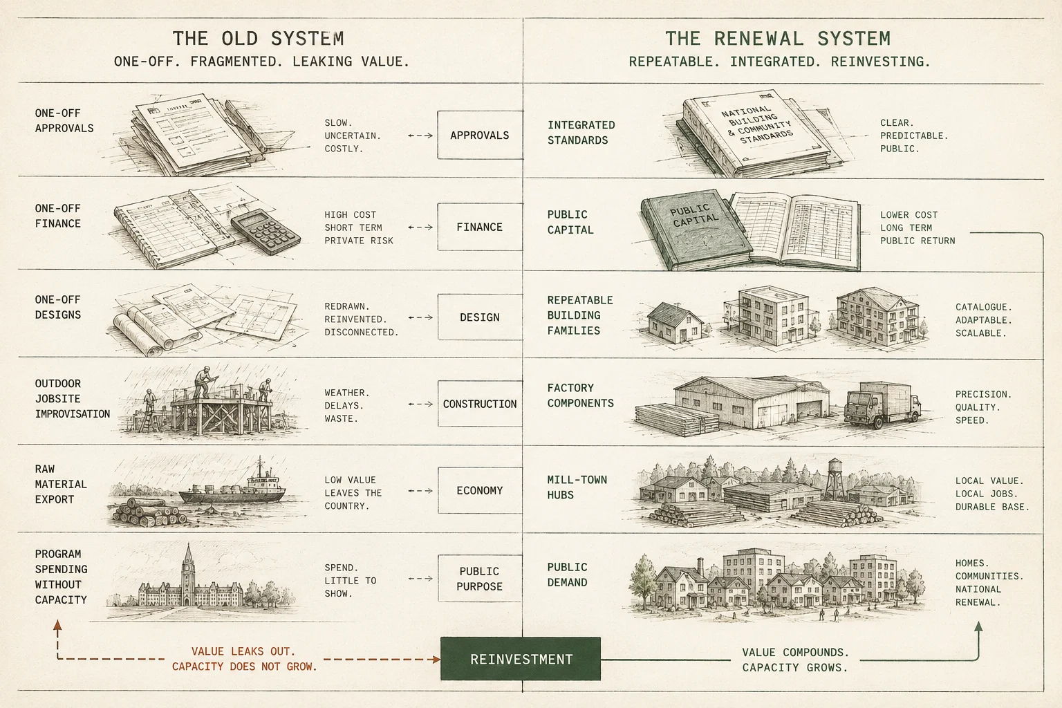 A split public works diagram comparing disconnected old housing and industrial programs with an integrated forest-to-building renewal system.