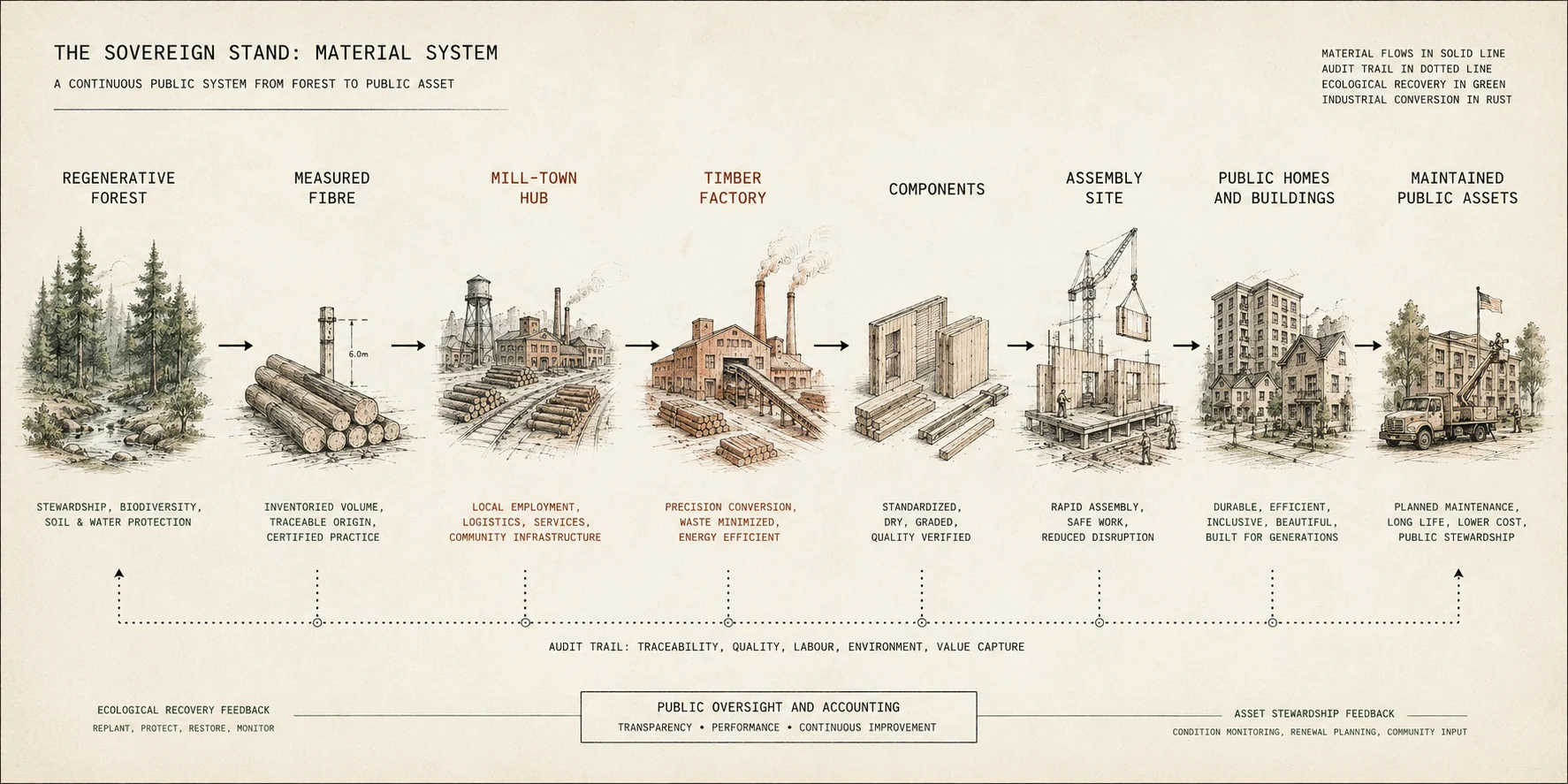 A public works material-flow diagram showing regenerative forest fibre moving through mill-town hubs and factories into public homes and buildings.