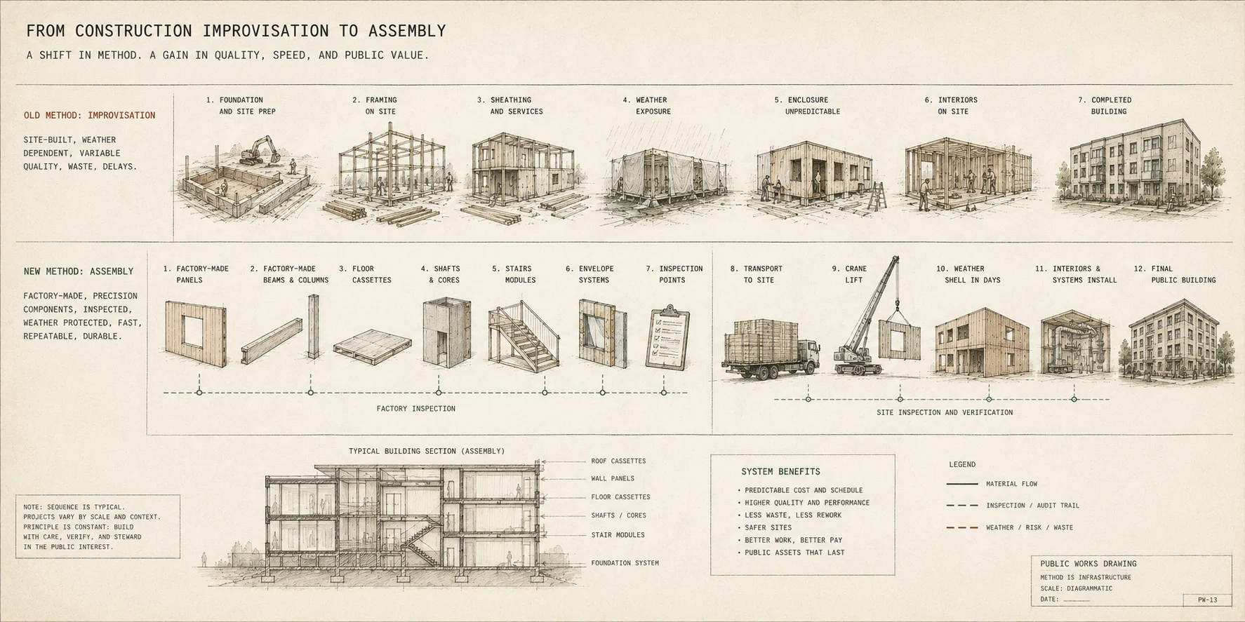 An architectural working drawing showing factory-made panels, beams, cassettes, shafts, stairs, envelope systems, inspection points, transport, crane lift, and final public building assembly.