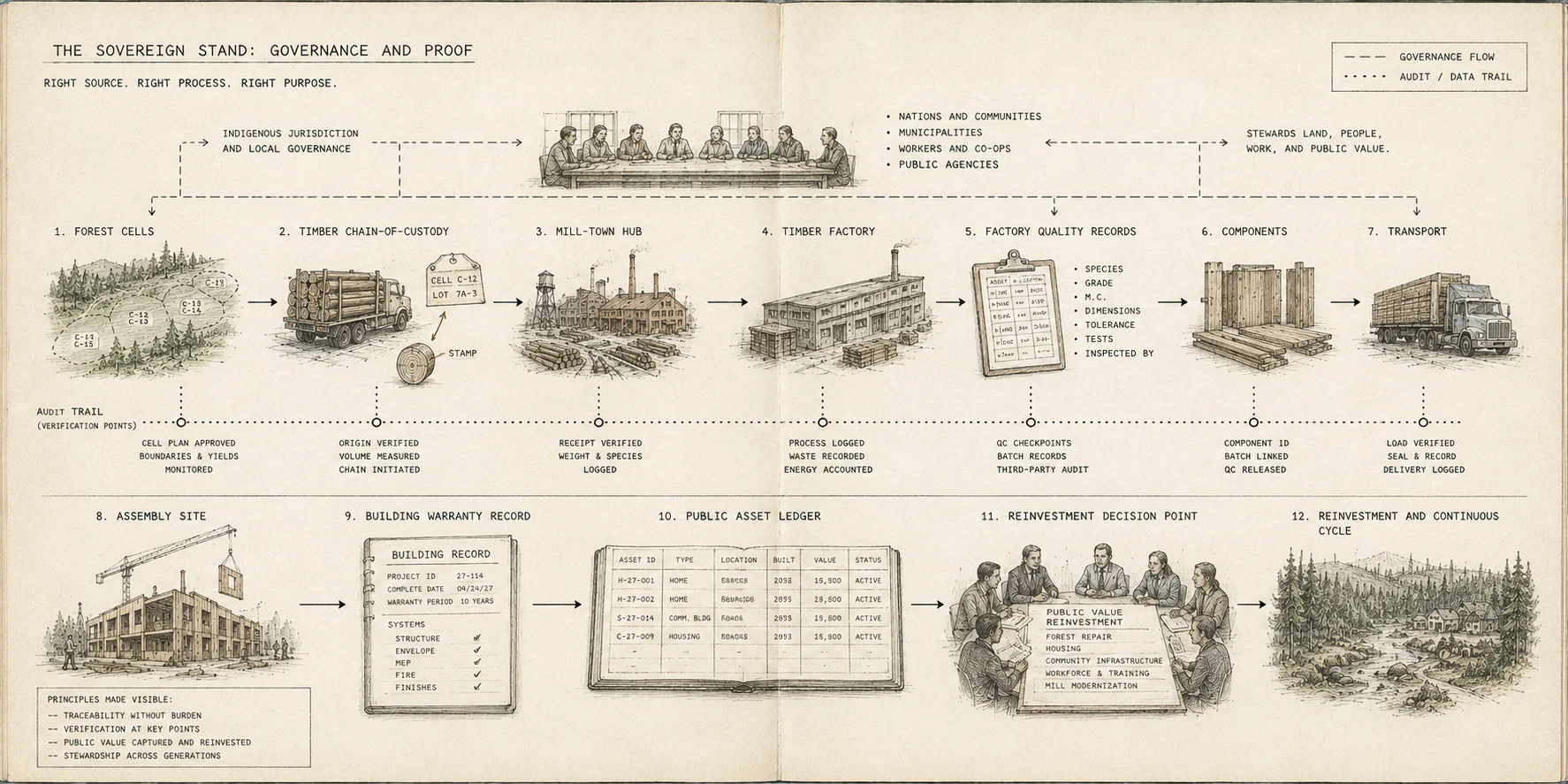 A field notebook schematic showing forest cells, Indigenous jurisdiction, audit markers, chain-of-custody, factory quality records, building warranty records, public asset ledger, and reinvestment.