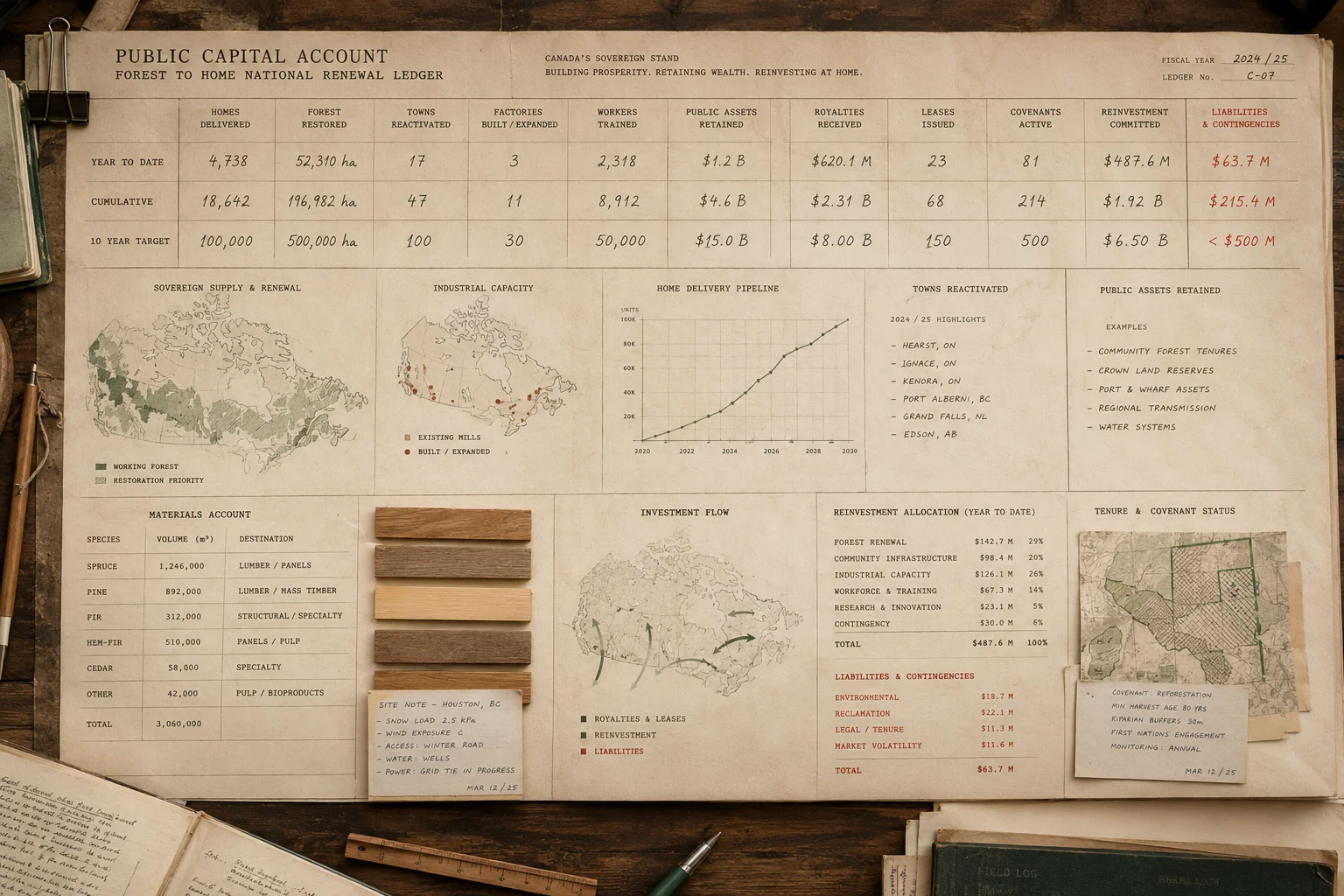 A public works ledger with maps, timber samples, field notes, charts, and suggested categories such as homes delivered, forests restored, towns reactivated, factories built, workers trained, public assets retained, royalties, leases, covenants, and reinvestment.