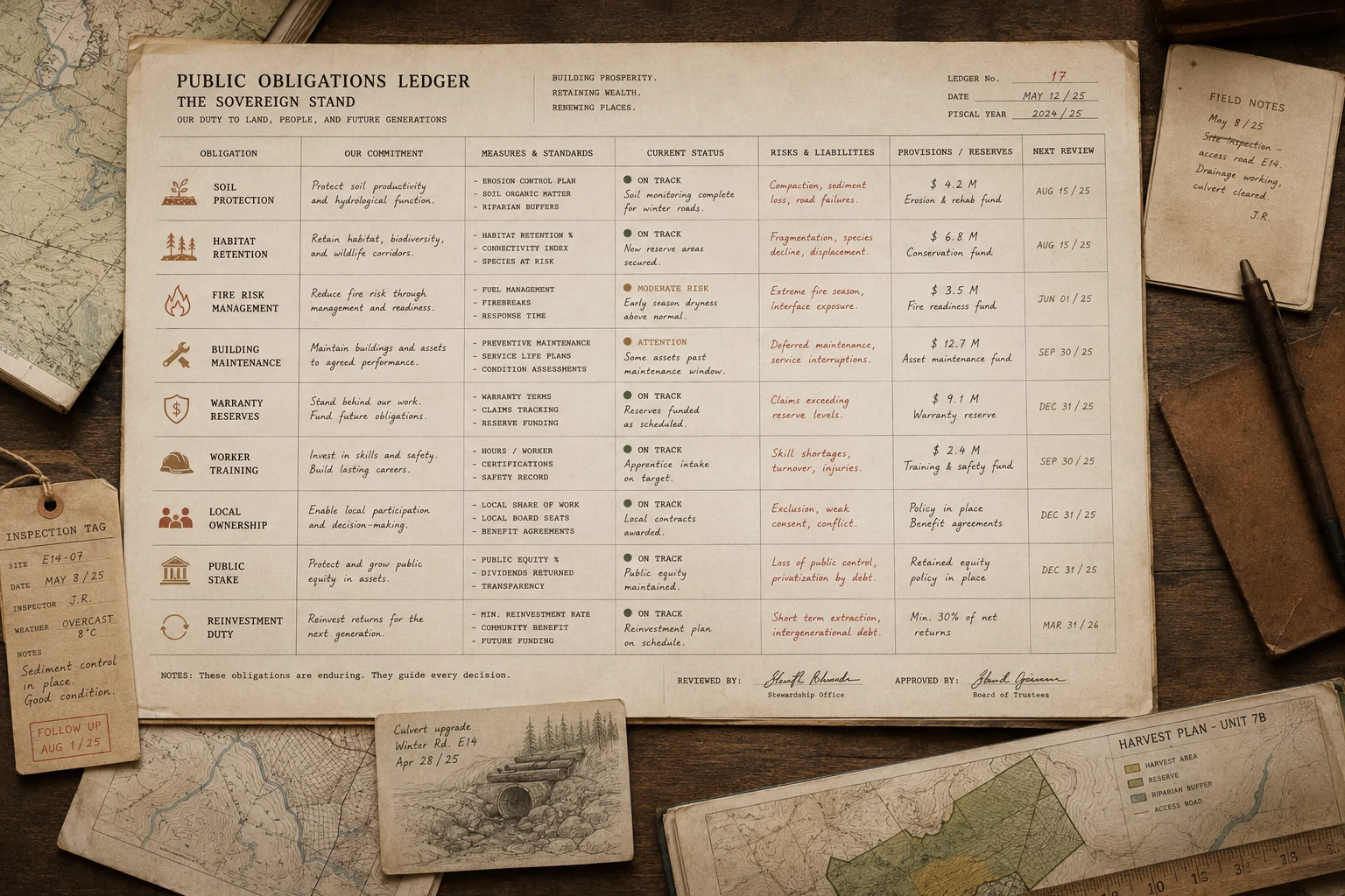 A public ledger showing obligations and reserves for soil protection, habitat retention, fire risk, building maintenance, warranties, training, local ownership, public stakes, and reinvestment.