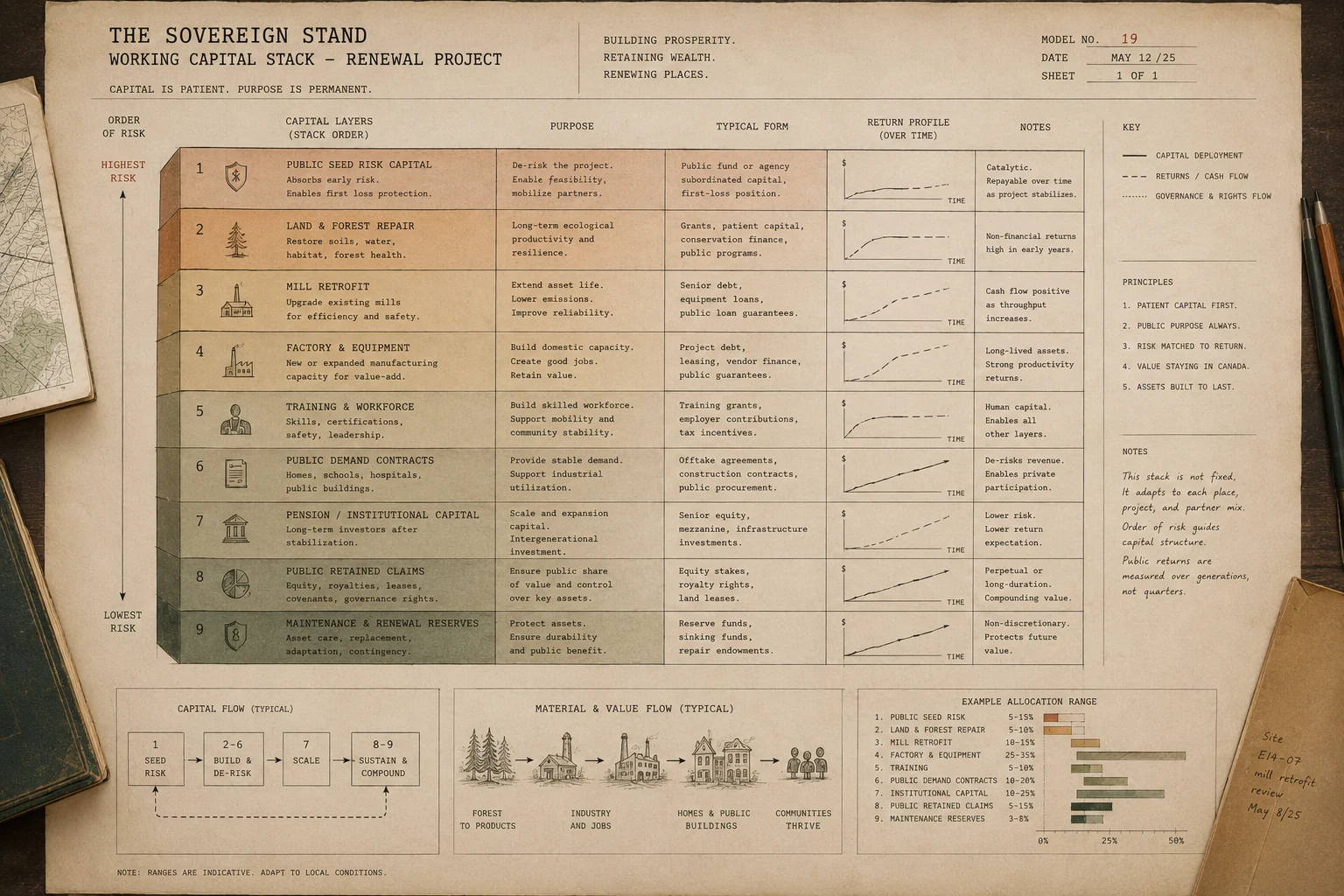 A working capital stack diagram showing public seed risk, land, forest repair, mill retrofit, factory equipment, training, public demand, pension capital, public retained claims, and reserves.