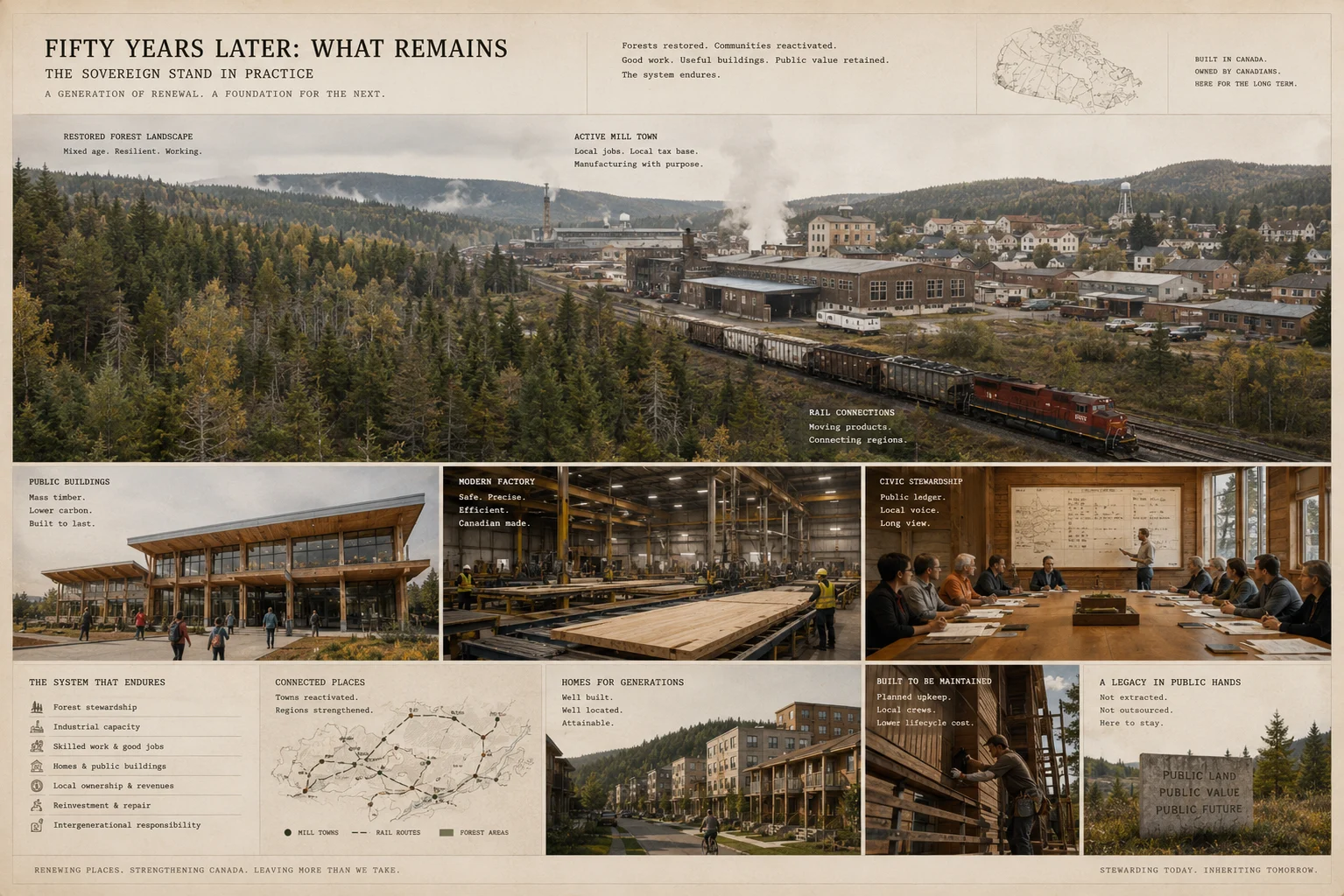 A sober editorial composite showing a restored mixed-age forest edge, active mill-town factory, rail route, mass timber public buildings, civic room, and workers moving through ordinary tasks.